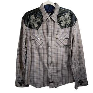 Fender Faux Leather Mixed Media Western Snap Button Up Shirt Mens XL Rockabilly